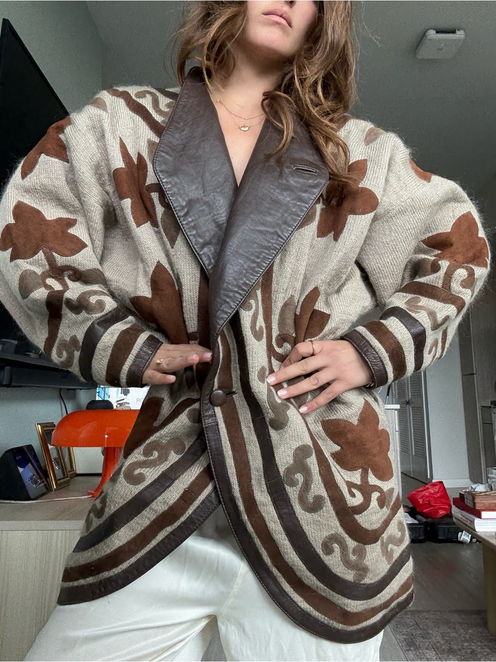 Brown & Cream Floral-Pattern Leather-Trim Jacket